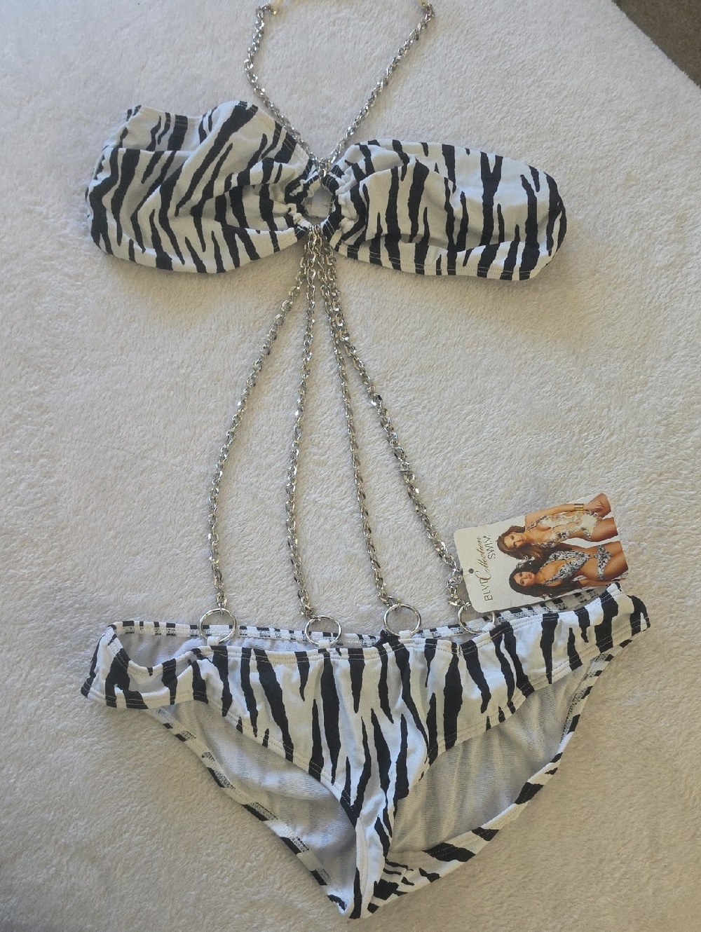 BLVD Black and White Zebra Print Chain Bikini